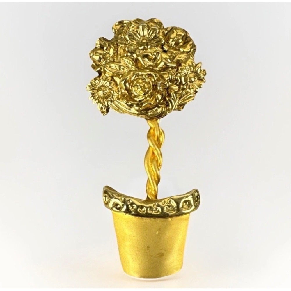 Gold Tone Topiary Potted Flower Bush Brooch Pin Bijoux‎ France